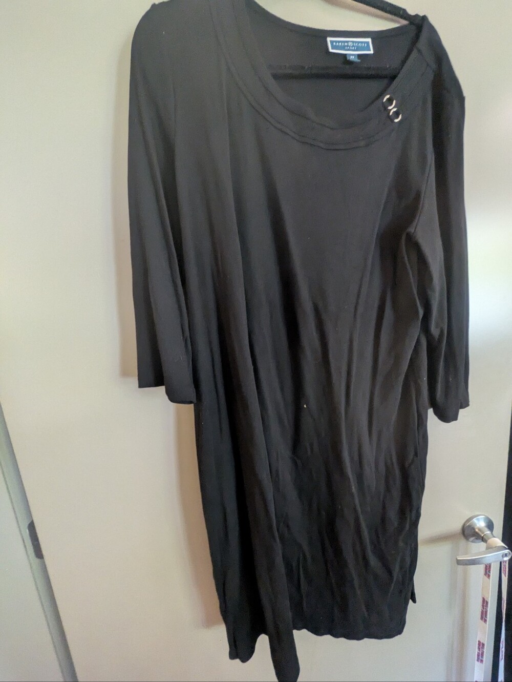 Karen Scott Plus Size black long sleeve knit dress with silver ring detail. 2X